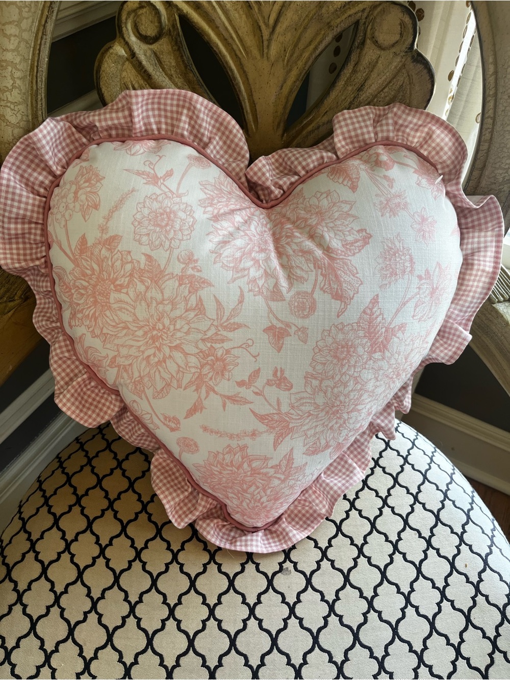 Boutique Accent Pillow - French Toile fabric with pink gingham trim 18x18” NWOT